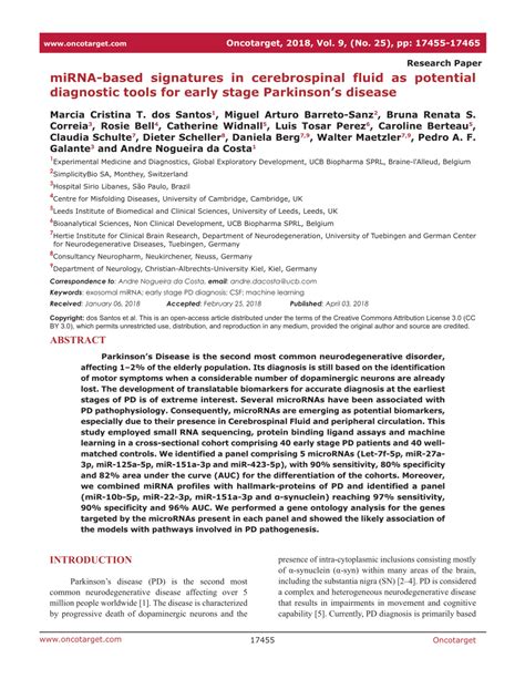 Pdf Mirna Based Signatures In Cerebrospinal Fluid As Potential