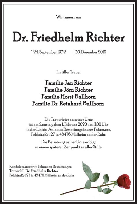 Traueranzeigen Von Friedhelm Richter Trauer In Nrw De