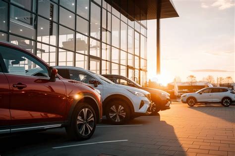 Cinematic Photo Of New Cars Parked In Front Of A Modern Car Showroom At