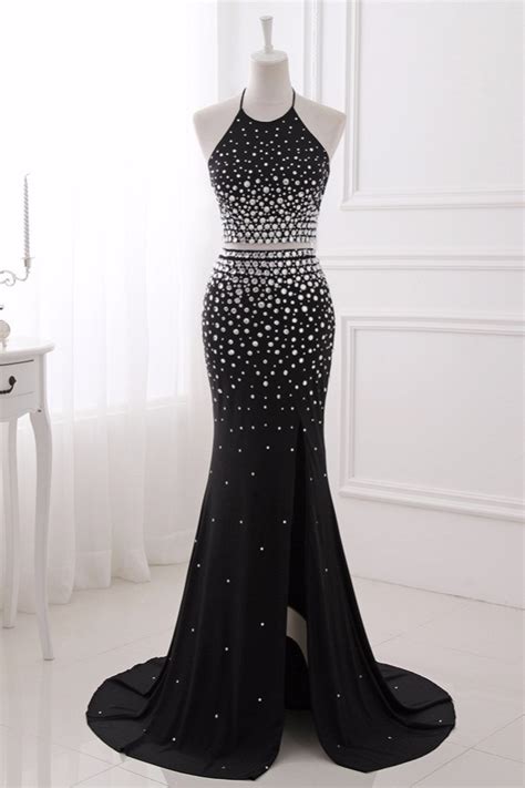 Daisda Elegant Black Halter Sleeveless Mermaid Evening Dress With