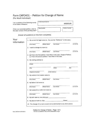 Fillable Online Courts Mo Form CAFC40l Petition For Change Of Name