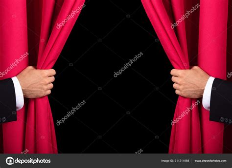 Close Two Men S Hand Opening Red Curtain Stock Photo AndreyPopov