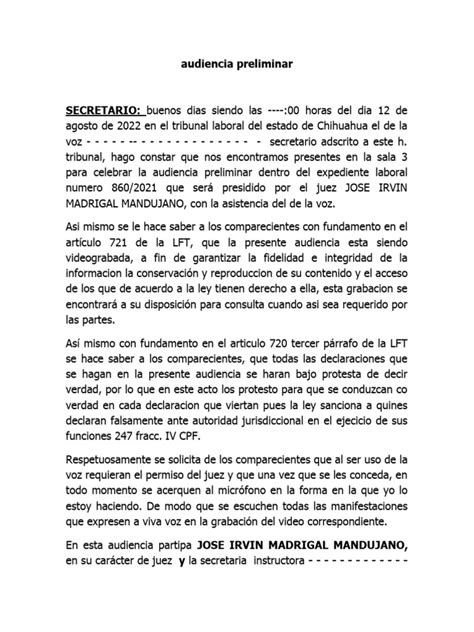 Audiencia Preliminar 860 2021 Pdf Testigo Experto Judicaturas