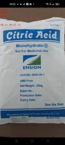 Citric Acid Monohydrate For Medicine Industry Packaging Size 25 Kg