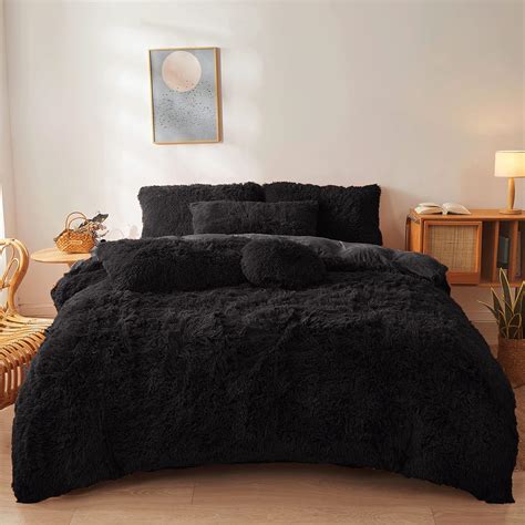 Ultra Soft Black Faux Fur 3 Piece Queen Comforter Set Plush Fluffy Bedding With Duvet Cover