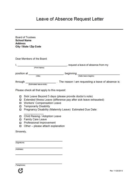 Free Leave Of Absence Letter Samples Pdf