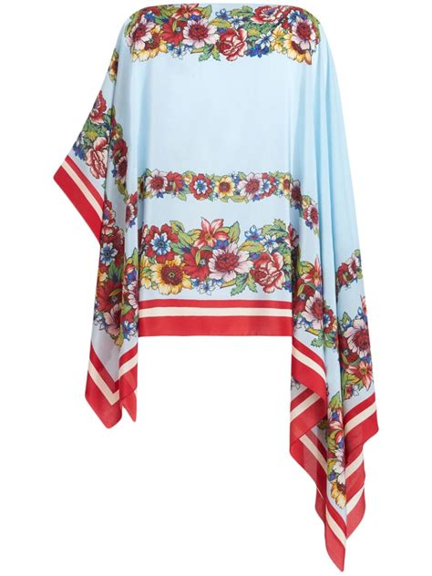 Etro Floral Print Silk Poncho Blue Farfetch