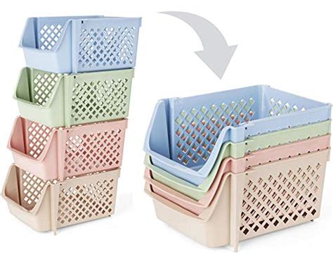 Skywin Plastic Stackable Storage Bins for Pantry - 4-Pack Multi-Colored ...