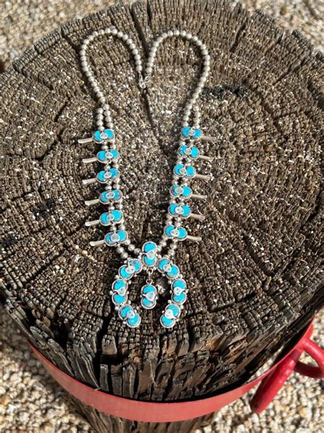 Effie Calavaza Kingman Turquoise Zuni Snake Squash Blossom Necklace