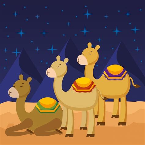 Tres Camellos Dibujos Animados Vector Premium