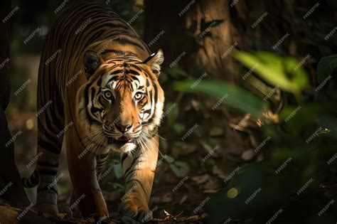 Premium AI Image | Striking Bengal Tiger Prowling the Dense Jungle