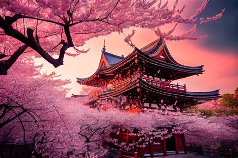 Beautiful Japanese Temple With Cherry Blossom In Spring Time