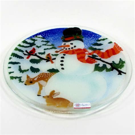 Peggy Karr Snowman 11 Round Platter Plate Fused Glass Deer Cardinal