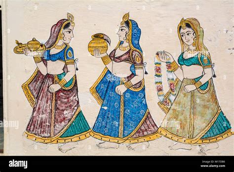 Wall Painting Of Indian Women Of Mughal Era Udaipur India Stock Photo