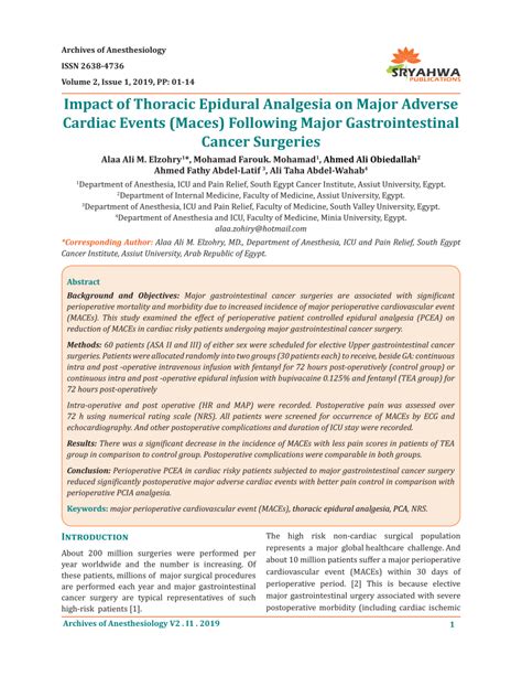 Pdf Impact Of Thoracic Epidural Analgesia On Major Adverse Cardiac