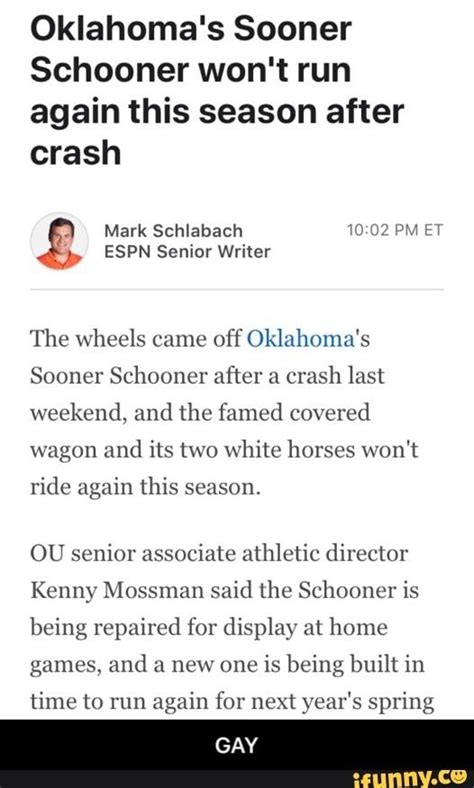 Oklahoma's Sooner Schooner won't run again this season after crash ...