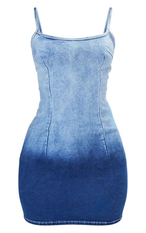 Petite Blue Denim Strappy Bodycon Dress Petite Prettylittlething Usa