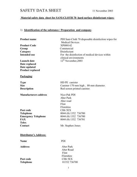 Material Safety Data Sheet For Sani Cloth 70 My Supply Chain