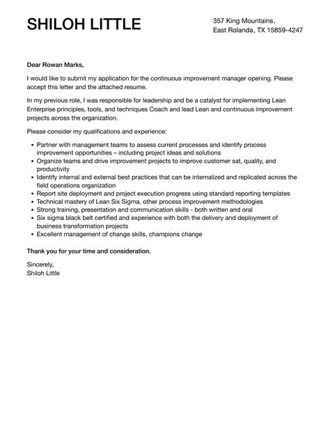 Continuous Improvement Manager Cover Letter Velvet Jobs