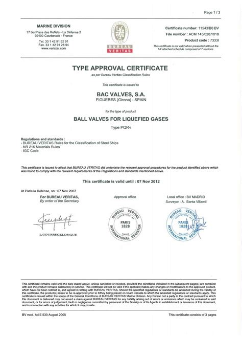 type approval certificate - admin bac valves