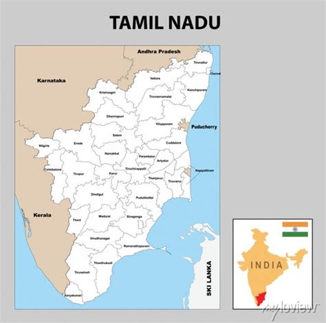 Tamil Nadu Political And Administrative Map Of Tamil Nadu With