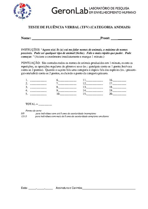 Teste De Fluencia Verbal Teste De Flu Ncia Verbal Tfv Categoria