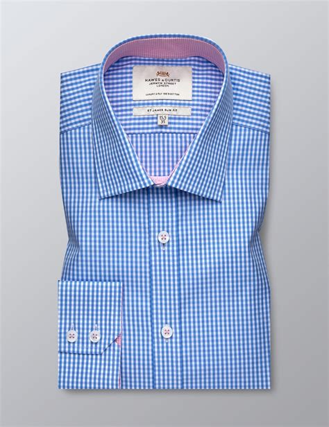 Mens Formal Blue And White Gingham Check Slim Fit Shirt Single Cuff