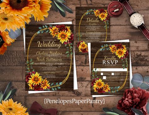 Rustic Sunflower Fall Wedding Invitationsunflowersburgundy Etsy