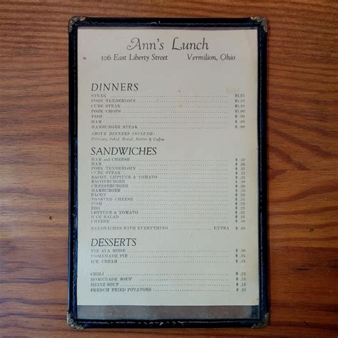 Antique Anns Lunch Restaurant Menu Vermilion Ohio In Original Old Clear