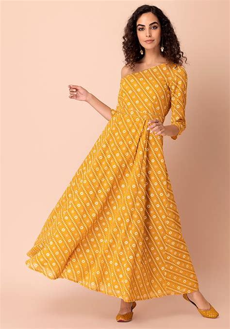 Buy Women Mustard Yellow Bandhani Print One Shoulder Anarkali Kurta