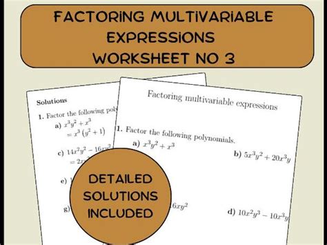 Factoring Multivariable Expressions Worksheet No 3 With Solutions Teaching Resources