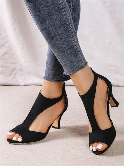 Suede Cutout Strap Peep Toe Mid Heel Sandals Chyhua