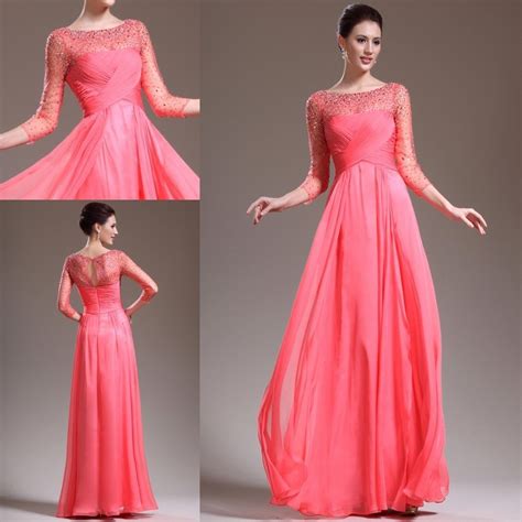 Chiffon Prom Dresses 2014 Bateau Water Melon 3 4 Long Sleeves Crystal