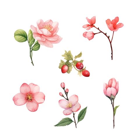 Elegante Conjunto De Ilustraciones De Flores Y Hojas De Acuarela