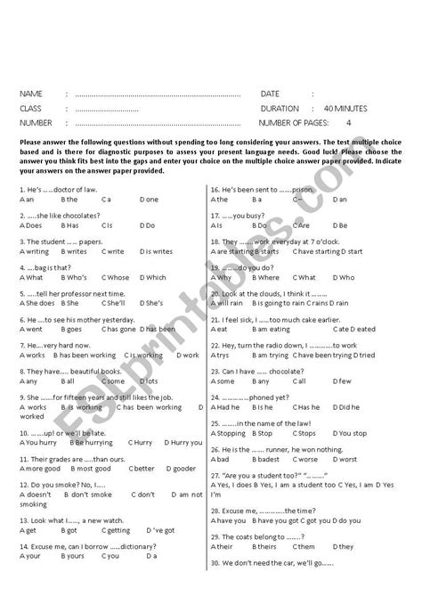 Sample English Grammar Diagnostic Test