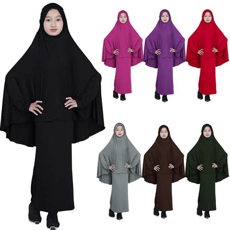 Muslim Kids Girls Jilbab Abaya Long Hijab Maxi Dress Islamic Prayer