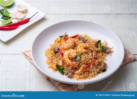 Tom Yum Fried Rice With Prawns And Straw Mushroom Stock Photo Image