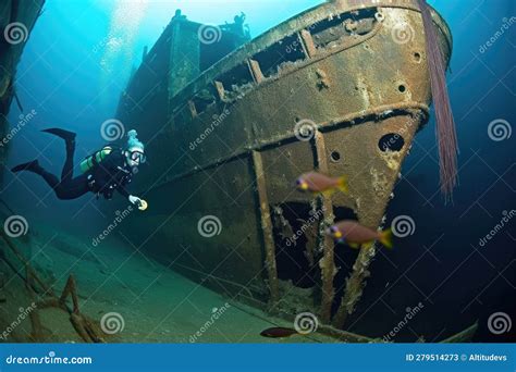 Scuba Diver Exploring Shipwreck Swimming Through Broken Hull And