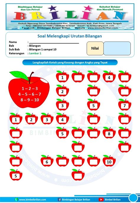 Lembar Kerja Melengkapi Urutan Angka Untuk Anak PAUD TK Angka 1 Sampai