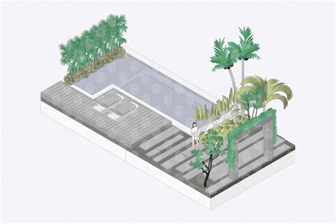 Archade Axonometric Woman Walking Around Swimming Pool With Botanical