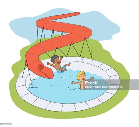 Happy Kids Having Fun In Aqua Park Swimming Pool Stock Illustration