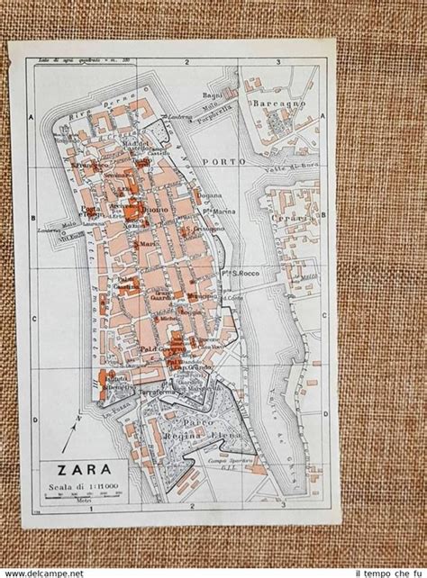 Carta geografica pianta o piantina del 1939 La città di Zara Croazia T