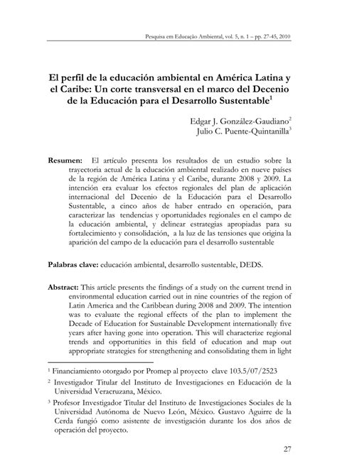 El Perfil De La Educación Ambiental En América Latina Y El Caribe Un