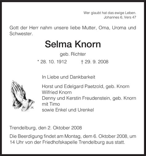 Traueranzeigen Von Selma Knorn Trauer Hna De