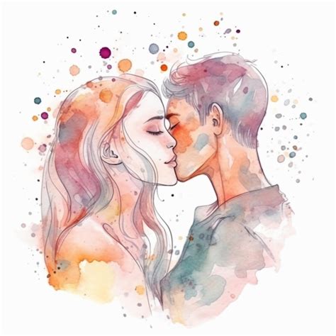 Uma Pintura Em Aquarela De Um Casal Se Beijando Foto Premium