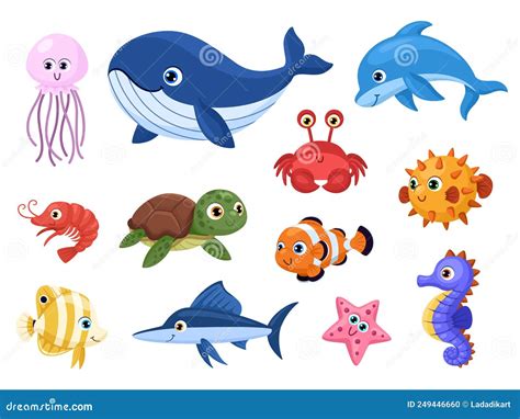 Cartoon Sea Animal. Tropical Ocean Animals, Funny Fish, Turtle and ...