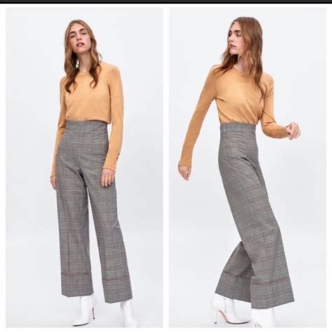 Zara Pants Jumpsuits Zara Plaid Turned Up Cuffs Hem Wide Leg