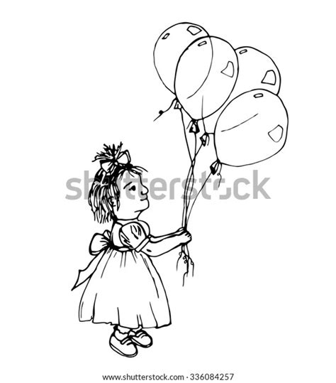 Little Girl Holding Balloons Hand Drawn Stock Vector (Royalty Free ...