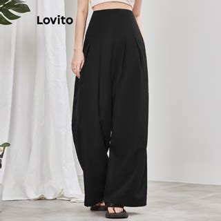 Lovito Elegant Plain Zipper Pants For Women L64AD073 Black Lovito