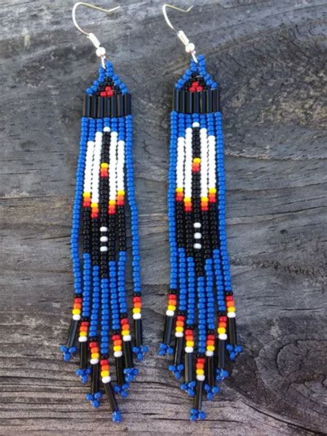 Native American Style 3 3 4 Long Blue Beaded Feather Earrings Native